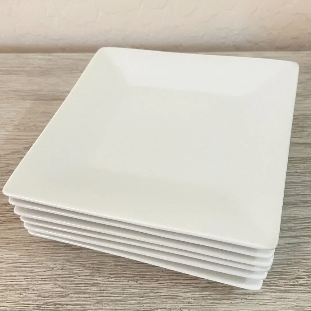 Crate & Barrel Set of 6 Appetizer Plates White Square Porcelain Ceramic Snacks